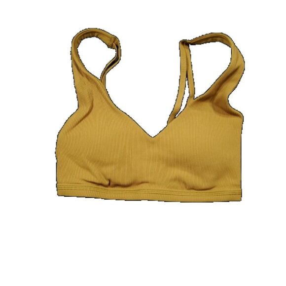 Aerie Offline Ribbed Plunge Sports Bra Yellow Brown Honey Goals Stretch Size XS - Picture 2 of 6